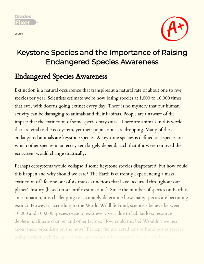 Keystone Species and the Importance of Raising Endangered Species  Awareness: [Essay Example], 1059 words GradesFixer