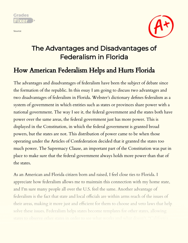 The Advantages and Disadvantages of Federalism in Florida Essay