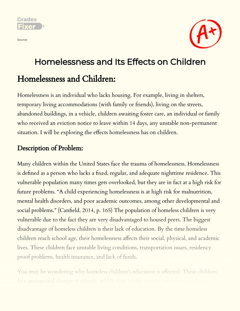 Homelessness and Its Effects on Children Essay