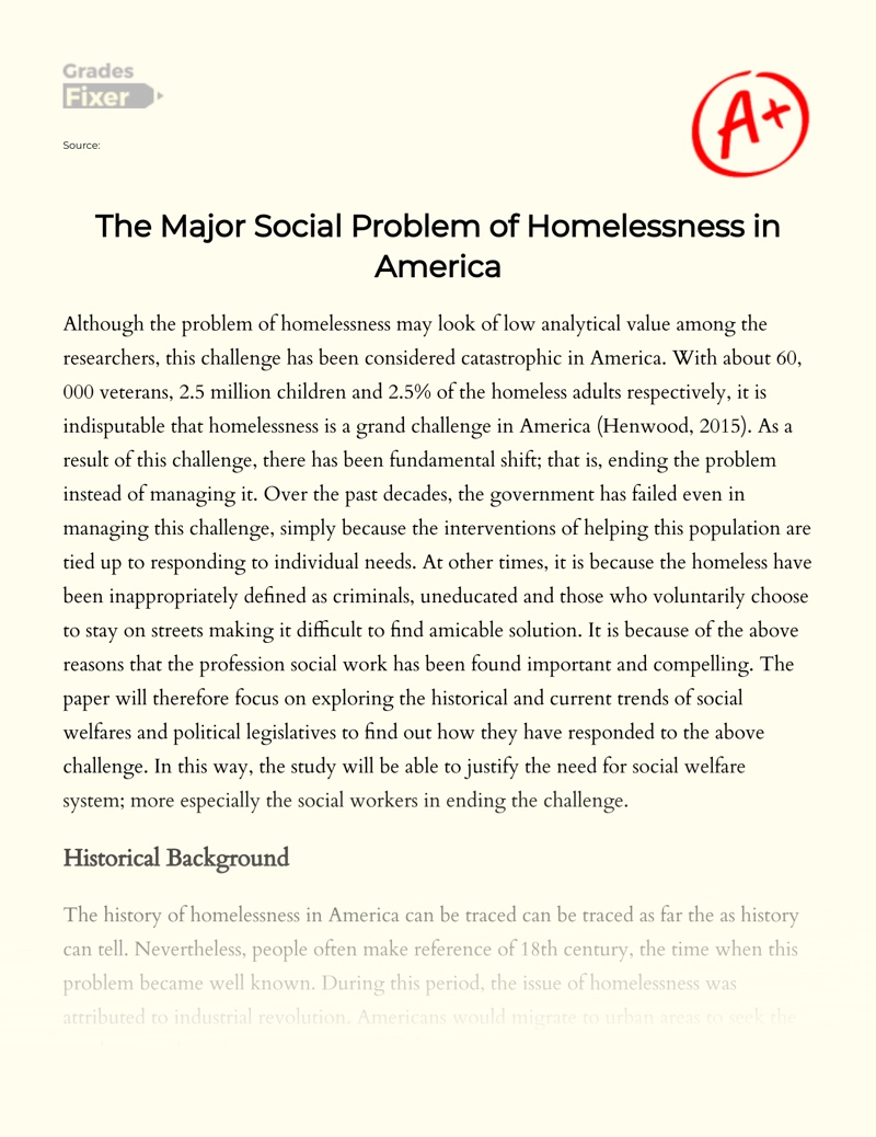 The Major Social Problem of Homelessness in America Essay