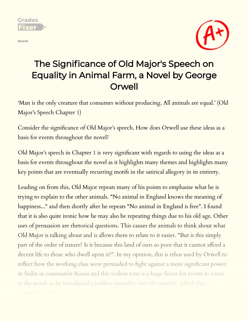 The Significance of Old Major's Speech on Equality in Animal Farm, a Novel  by George Orwell: [Essay Example], 946 words GradesFixer