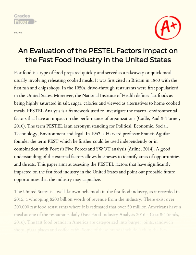 An Evaluation of The Pestel Factors Impact on The Fast Food Industry in The United States Essay