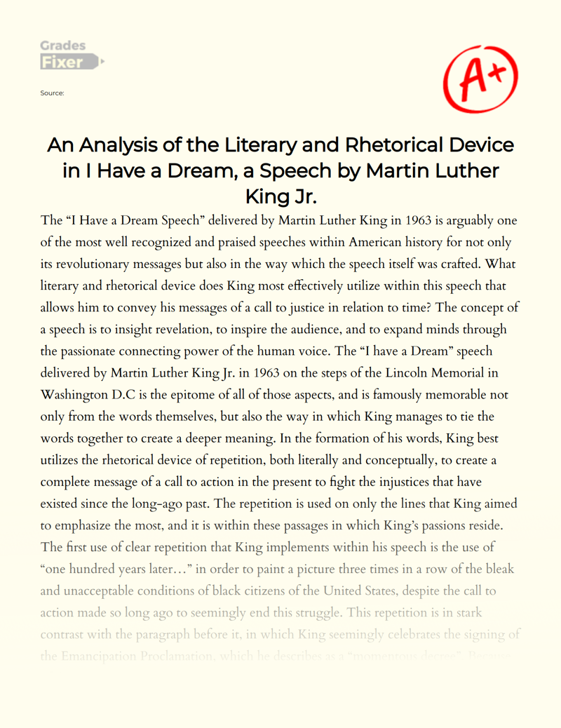 Literary and Rhetorical Devices in Martin Luther King Jr.'s "I Have a Dream" Essay