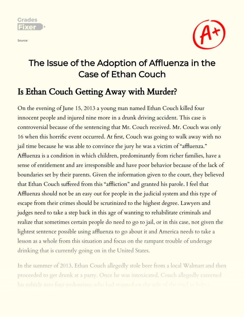 The Issue of The Adoption of Affluenza in The Case of Ethan Couch essay