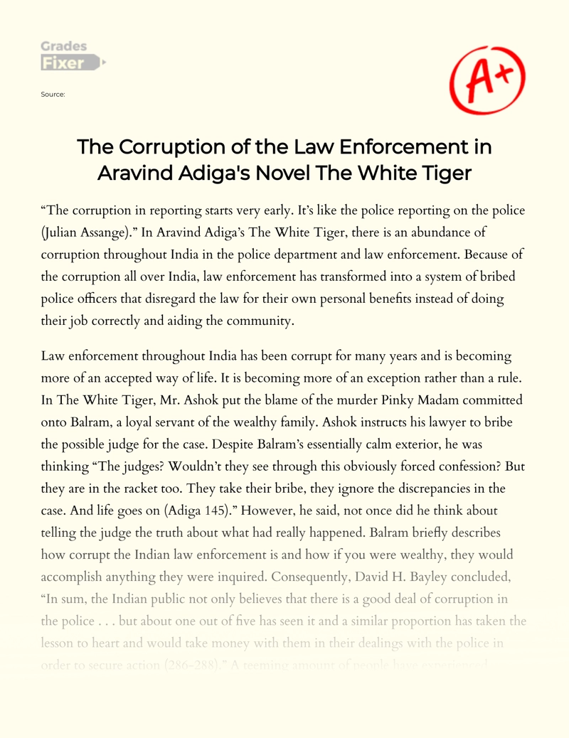 The Corruption of The Law Enforcement in Aravind Adiga's Novel The White Tiger Essay