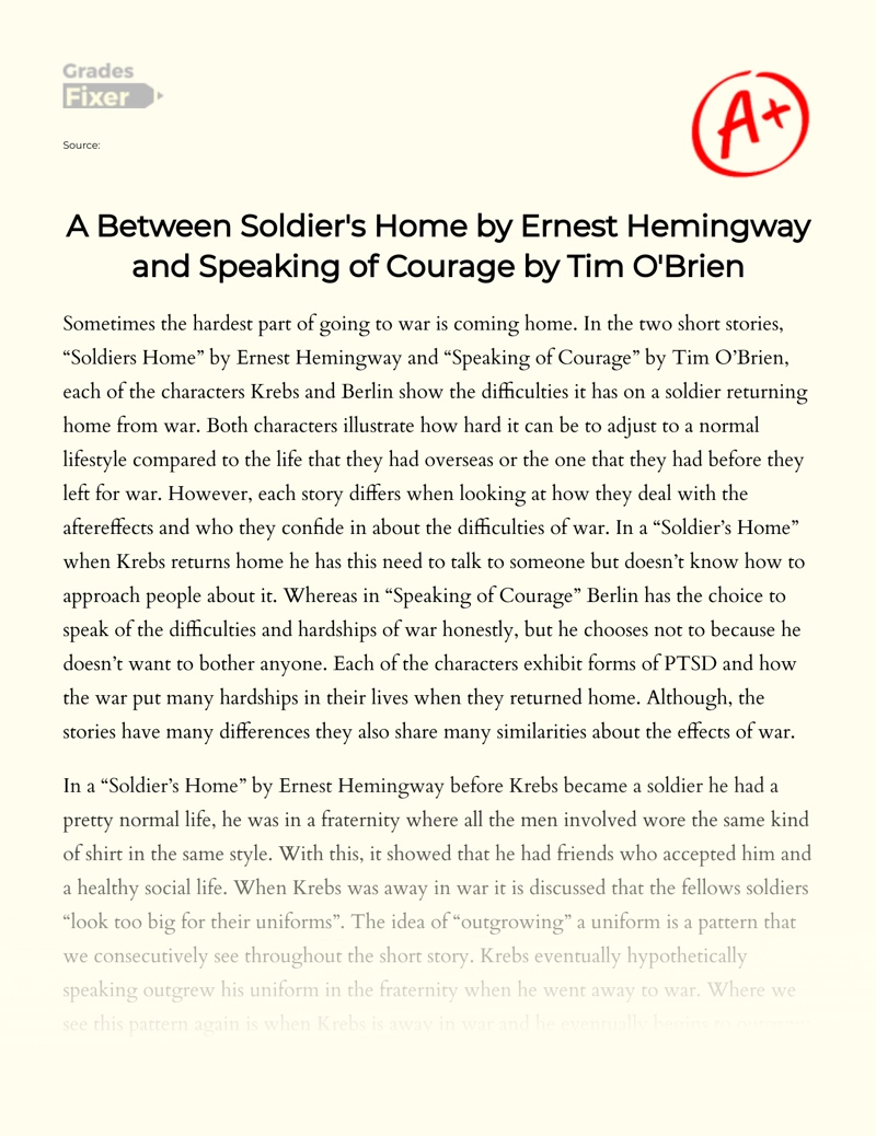 The Theme of Returning Home from War in Short Stories of Hemingway and O'brien Essay