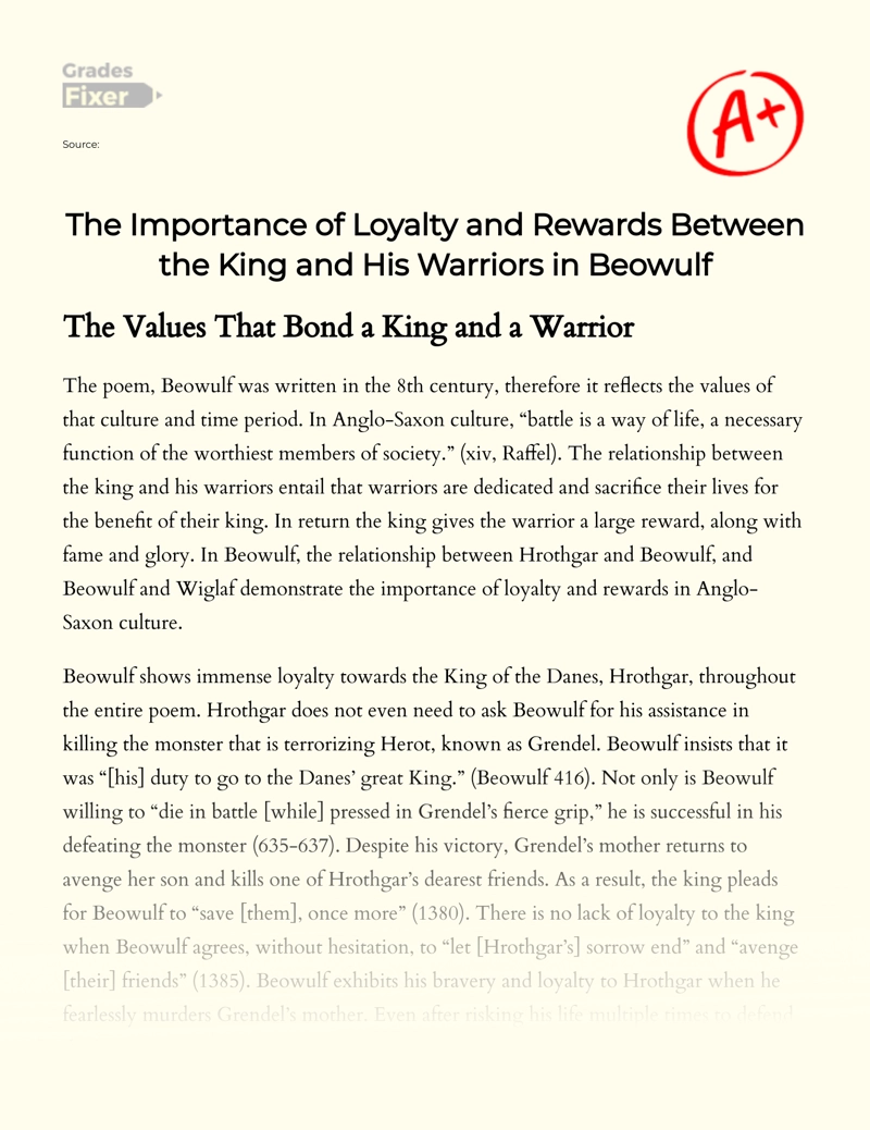 The Importance of Loyalty and Rewards Between The King and His Warriors in Beowulf Essay