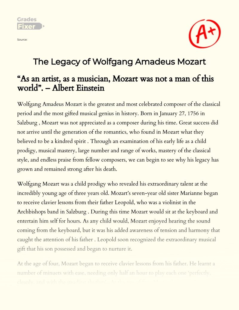 The Legacy of Wolfgang Amadeus Mozart Essay