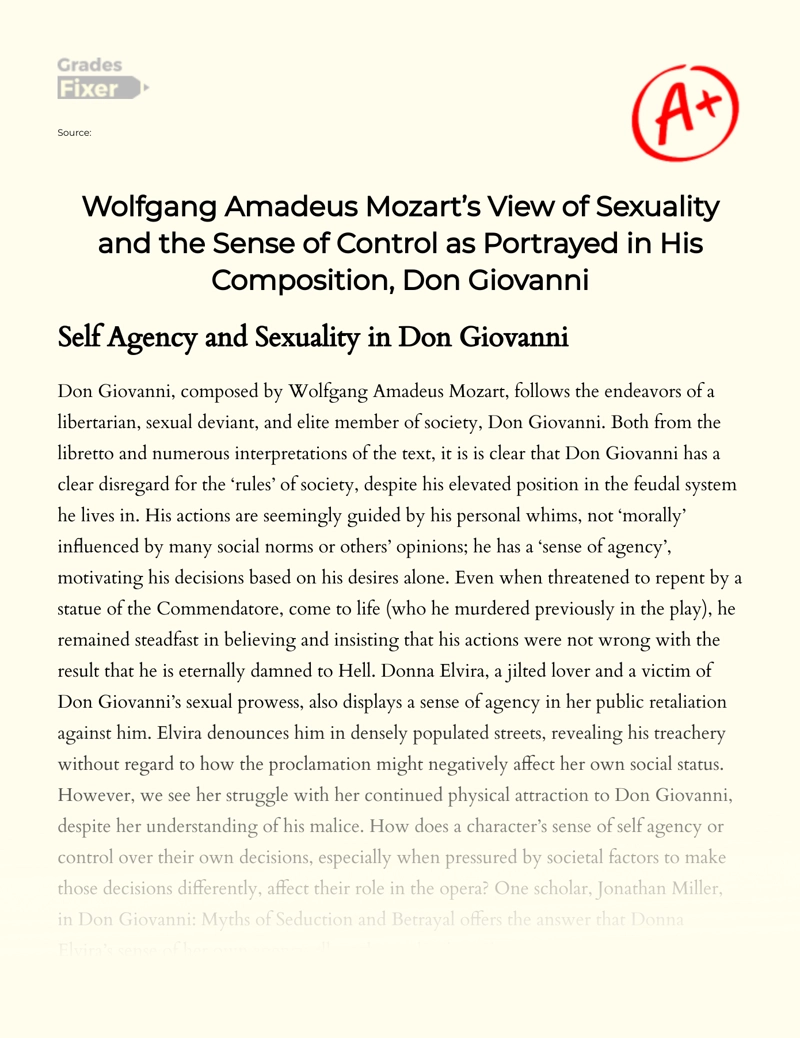 Wolfgang Amadeus Mozart’s View of Sexuality and The Sense of Control as Portrayed in His Composition, Don Giovanni essay