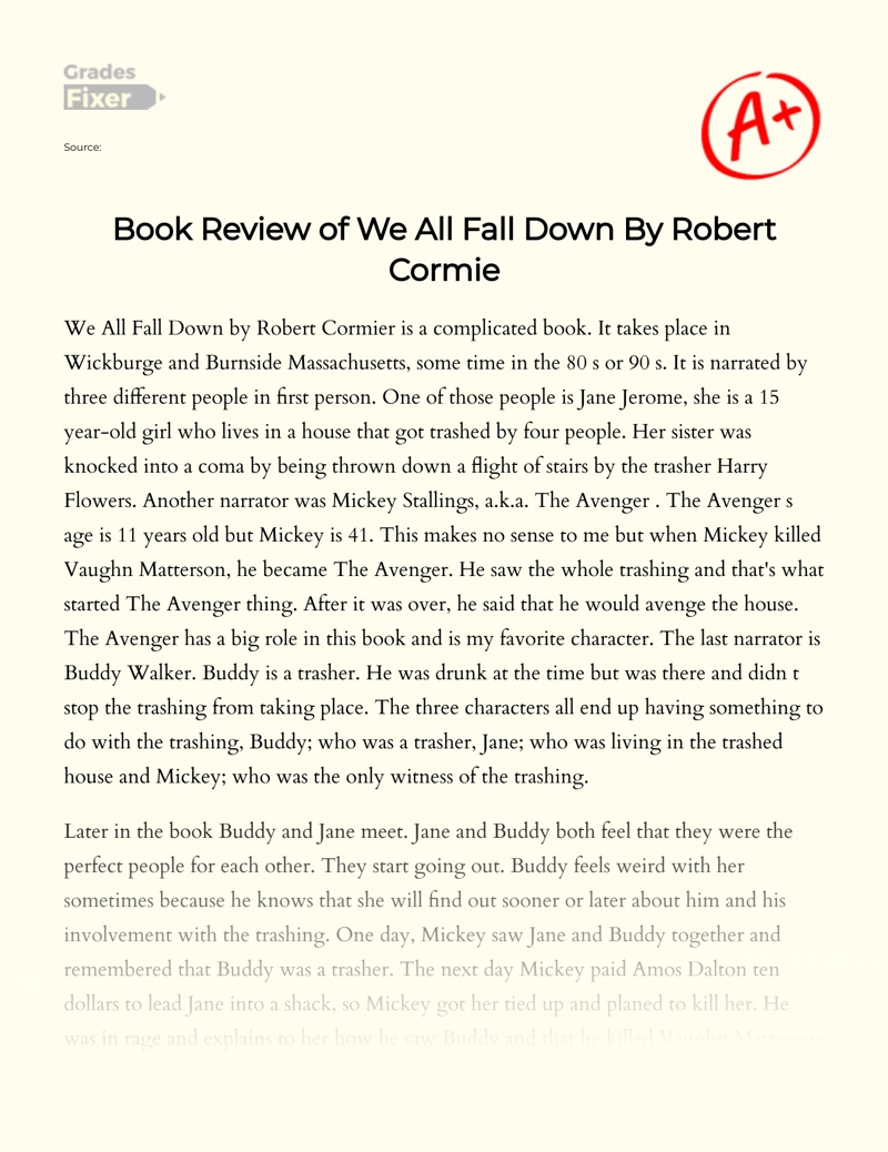 Book Review of We All Fall Down by Robert Cormie Essay