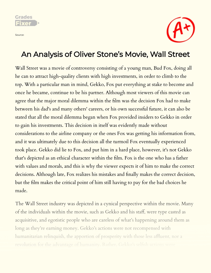 An Analysis of Oliver Stone’s Movie, Wall Street essay