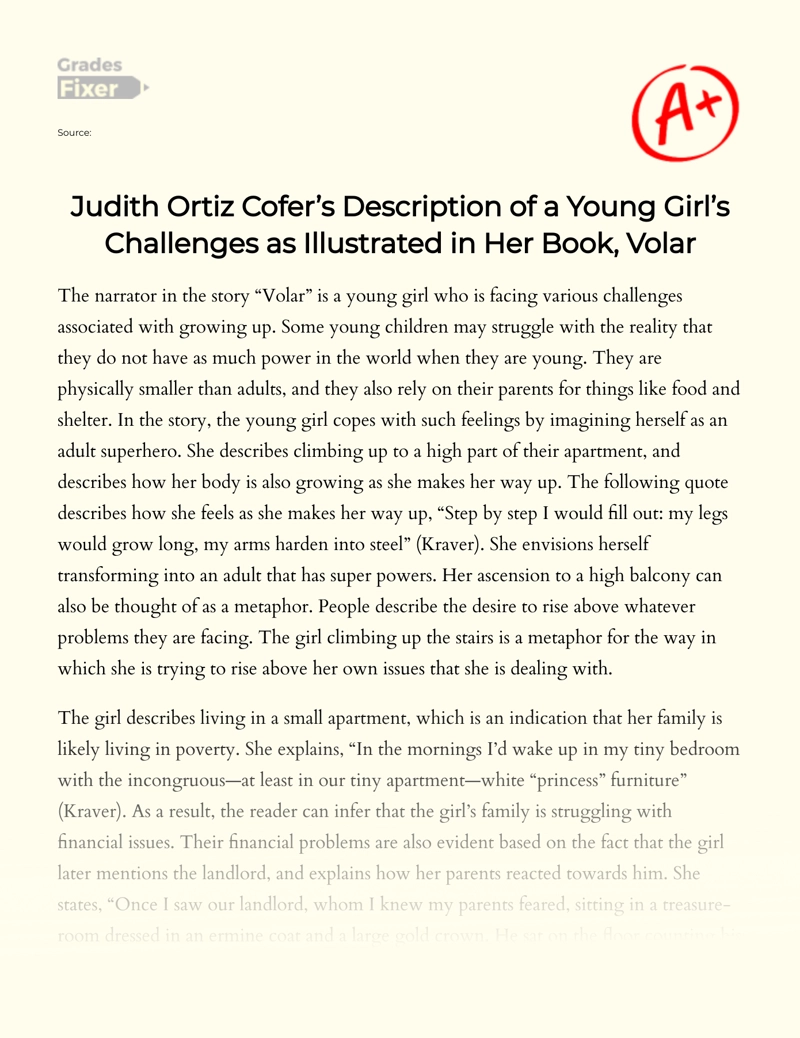 Judith Ortiz Cofer’s Description of a Young Girl’s Challenges as Illustrated in Her Book, Volar Essay