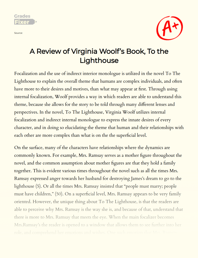 A Review of Virginia Woolf’s Book, to The Lighthouse Essay
