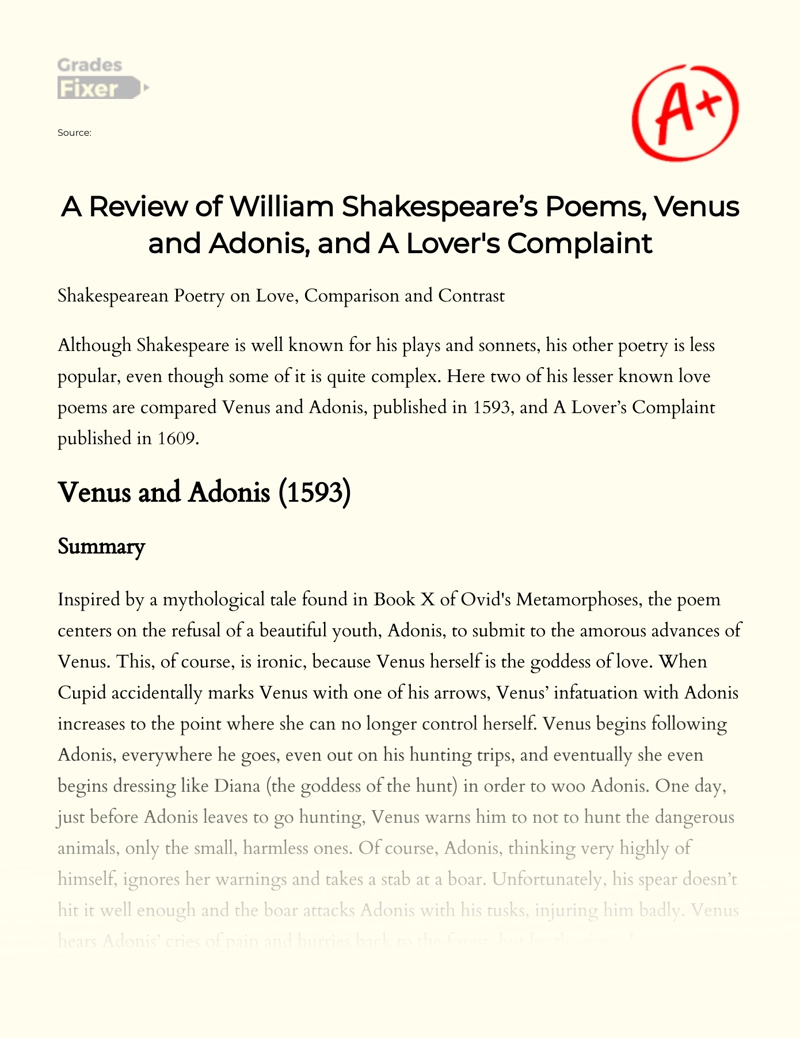 A Review of William Shakespeare’s Poems, Venus and Adonis, and a Lover's Complaint Essay
