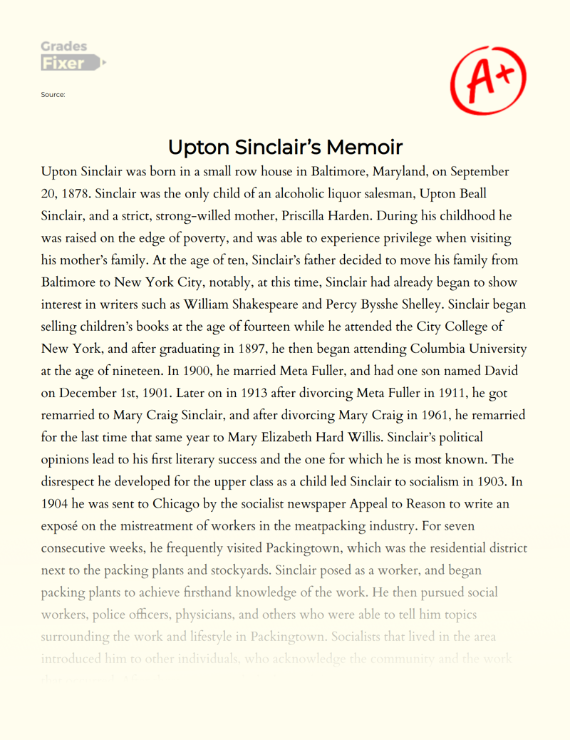 The Life and Accomplishments of Upton Sinclair Essay