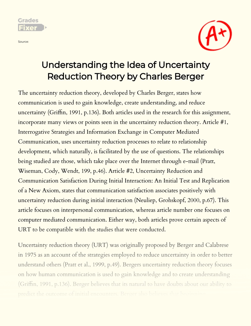 Understanding The Idea of Uncertainty Reduction Theory by Charles Berger Essay