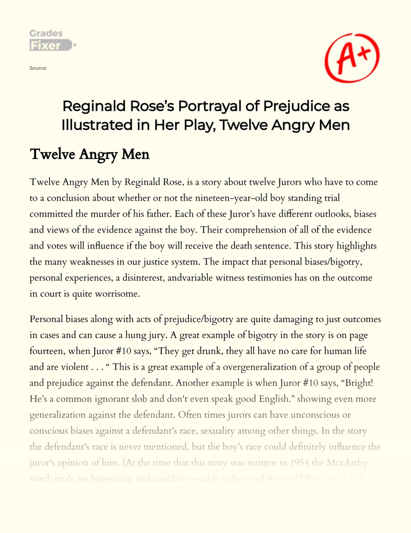 Reginald Rose’s Portrayal of Prejudice as Illustrated in "Twelve Angry Men" Essay