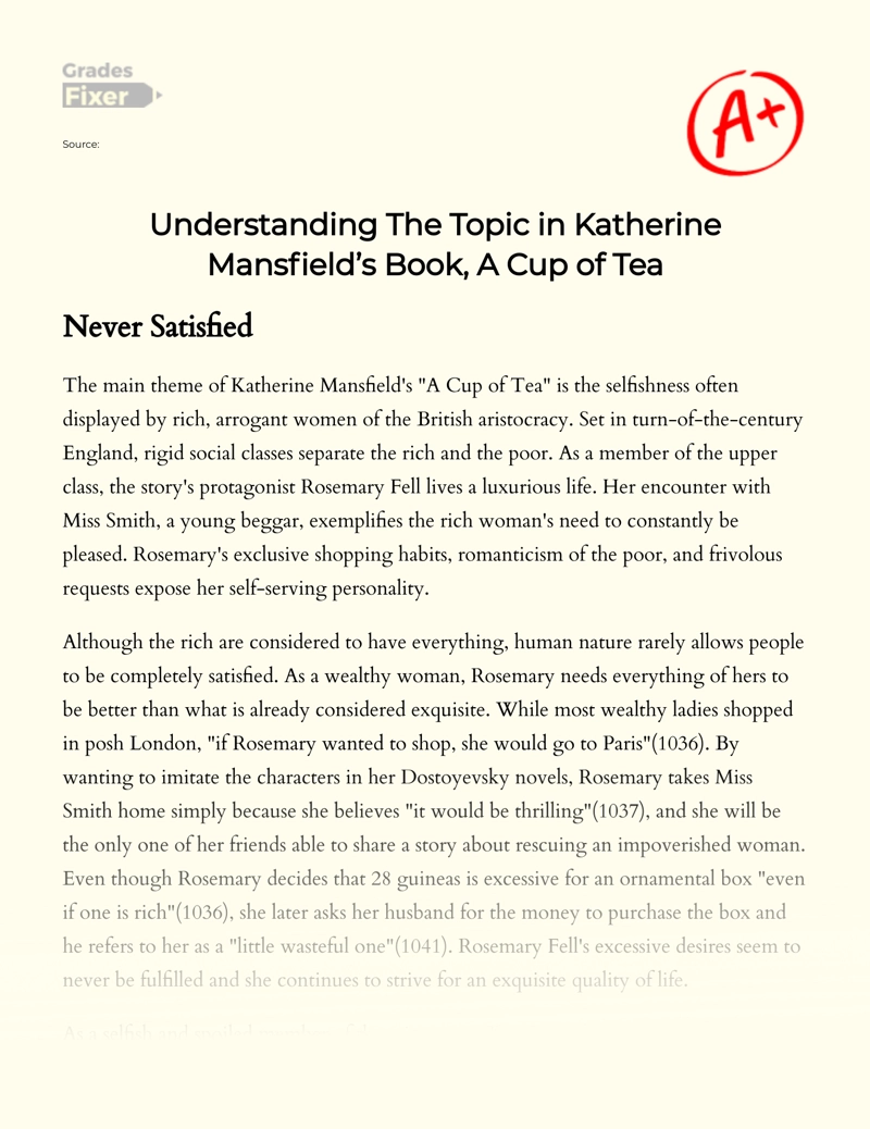 Understanding The Topic in Katherine Mansfield’s Book, a Cup of Tea Essay