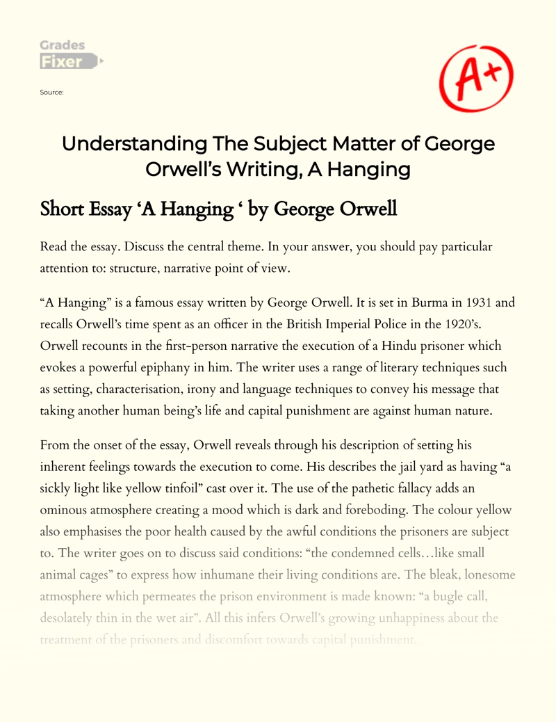 Understanding The Subject Matter of George Orwell’s Writing, a Hanging Essay