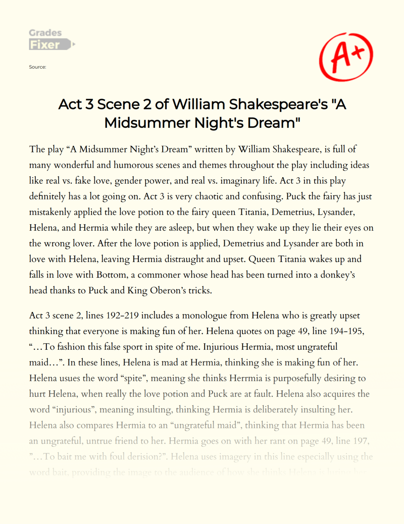 Act 3 Scene 2 of William Shakespeare's "A Midsummer Night's Dream" Essay