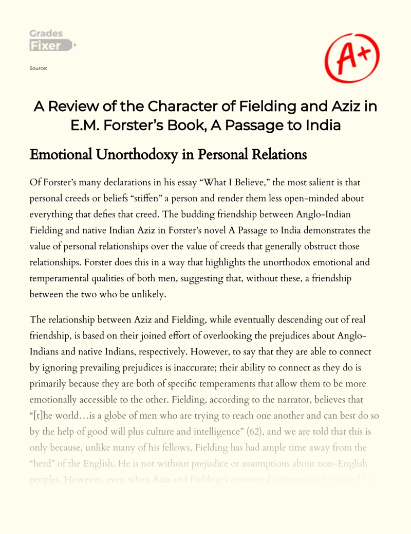 A Review of The Character of Fielding and Aziz in E.m. Forster’s Book, a Passage to India Essay