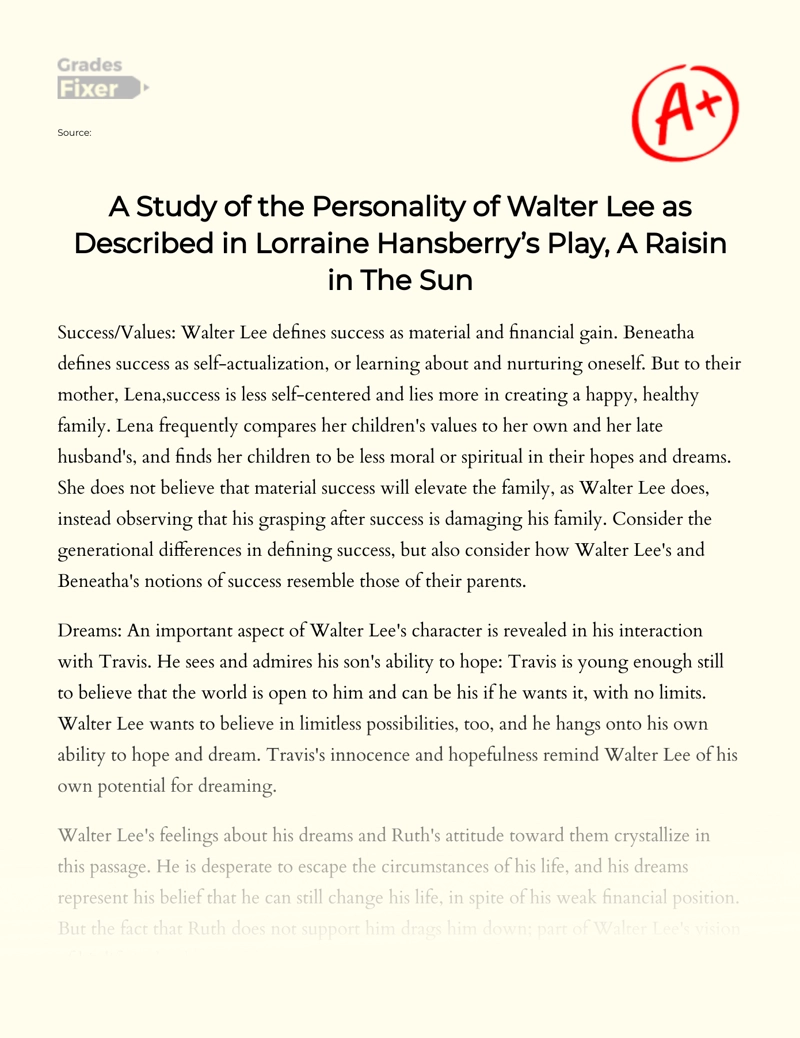 A Study of The Personality of Walter Lee in Lorraine Hansberry’s "A Raisin in The Sun" Essay