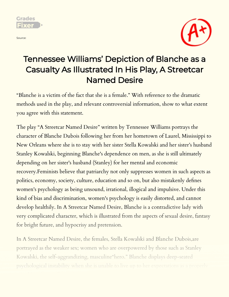 Tennessee Williams’ Depiction of Blanche as a Casualty as Illustrated in His Play, a Streetcar Named Desire Essay