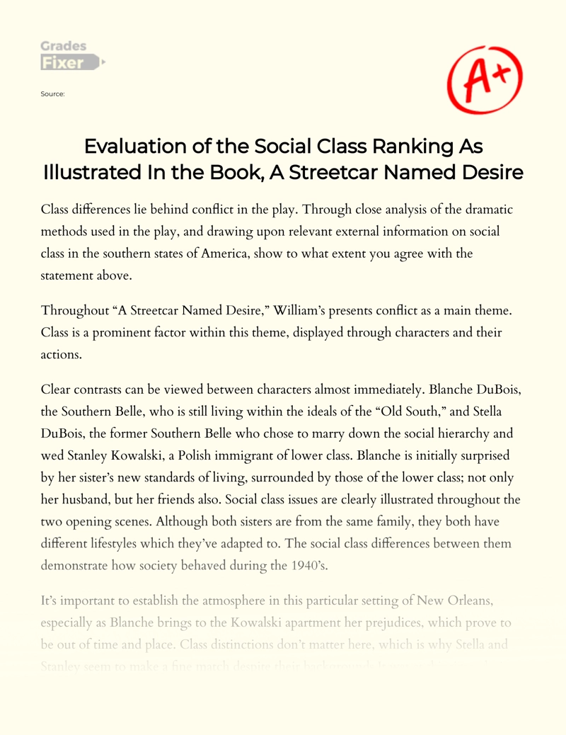 Evaluation of The Social Class Ranking as Illustrated in The Book, a Streetcar Named Desire Essay