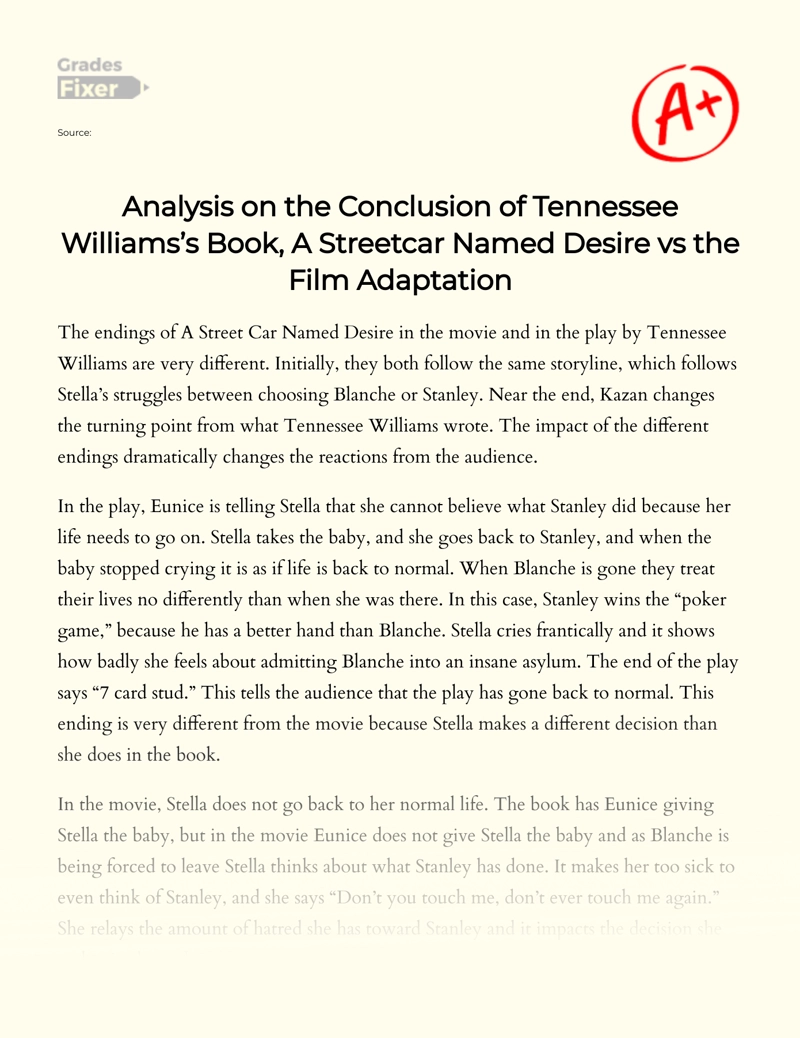 Analysis on The Conclusion of Tennessee Williams’s Book, a Streetcar Named Desire Vs The Film Adaptation Essay