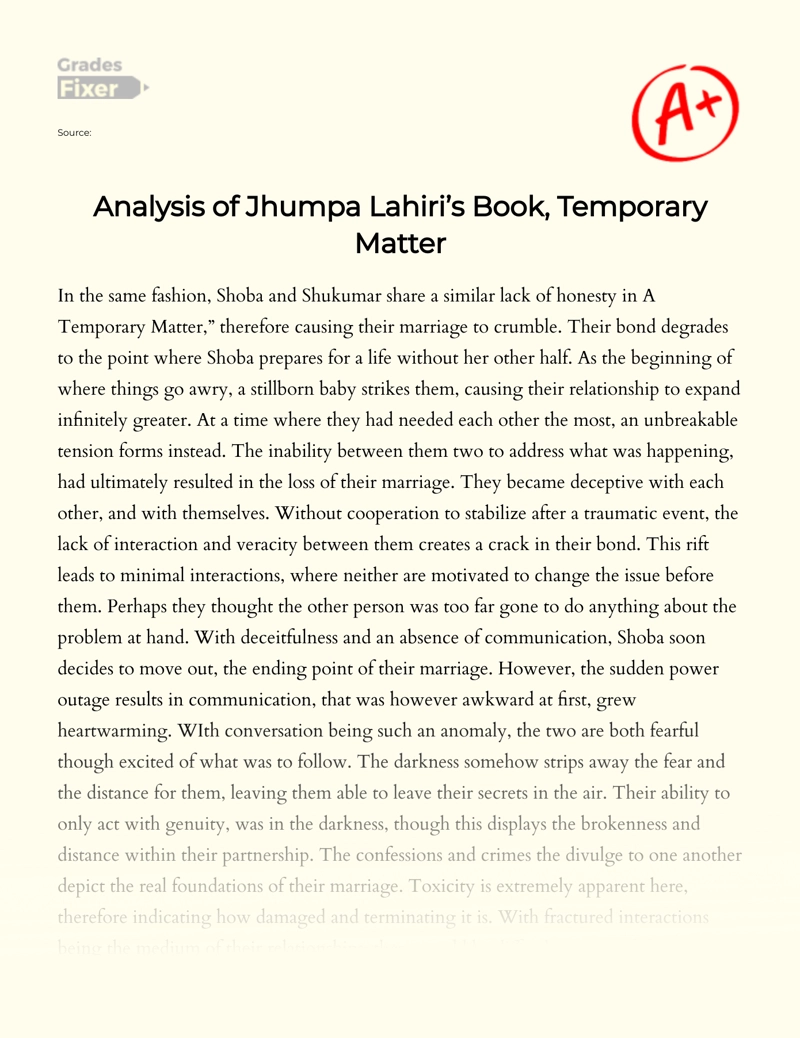 Analysis of Jhumpa Lahiri’s Book, Temporary Matter Essay