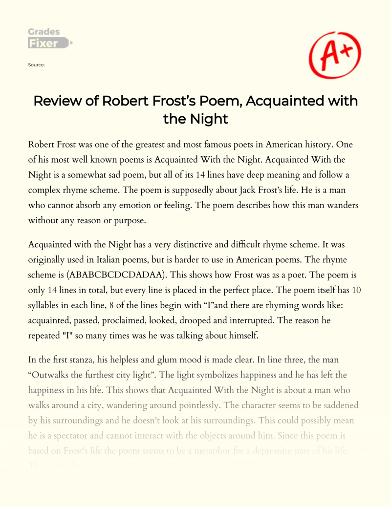 Review of Robert Frost’s Poem, Acquainted with The Night Essay