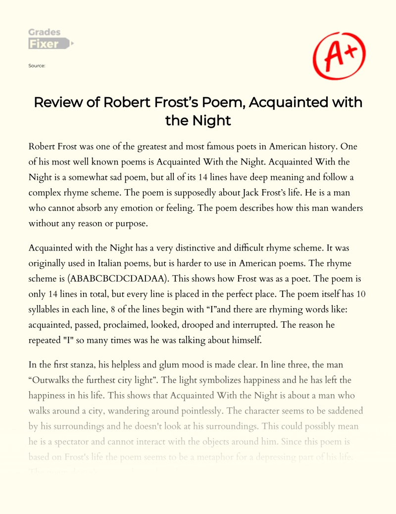 Review Of Robert Frost S Poem Acquainted With The Night Essay Example 525 Words Gradesfixer