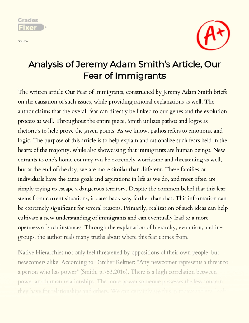 Analysis of Jeremy Adam Smith’s Article, Our Fear of Immigrants Essay