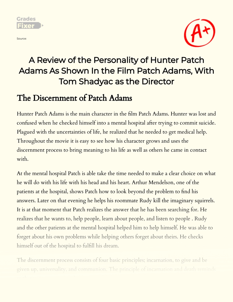 Reviewing Hunter Patch Adams in The Film Directed by Tom Shadyac Essay