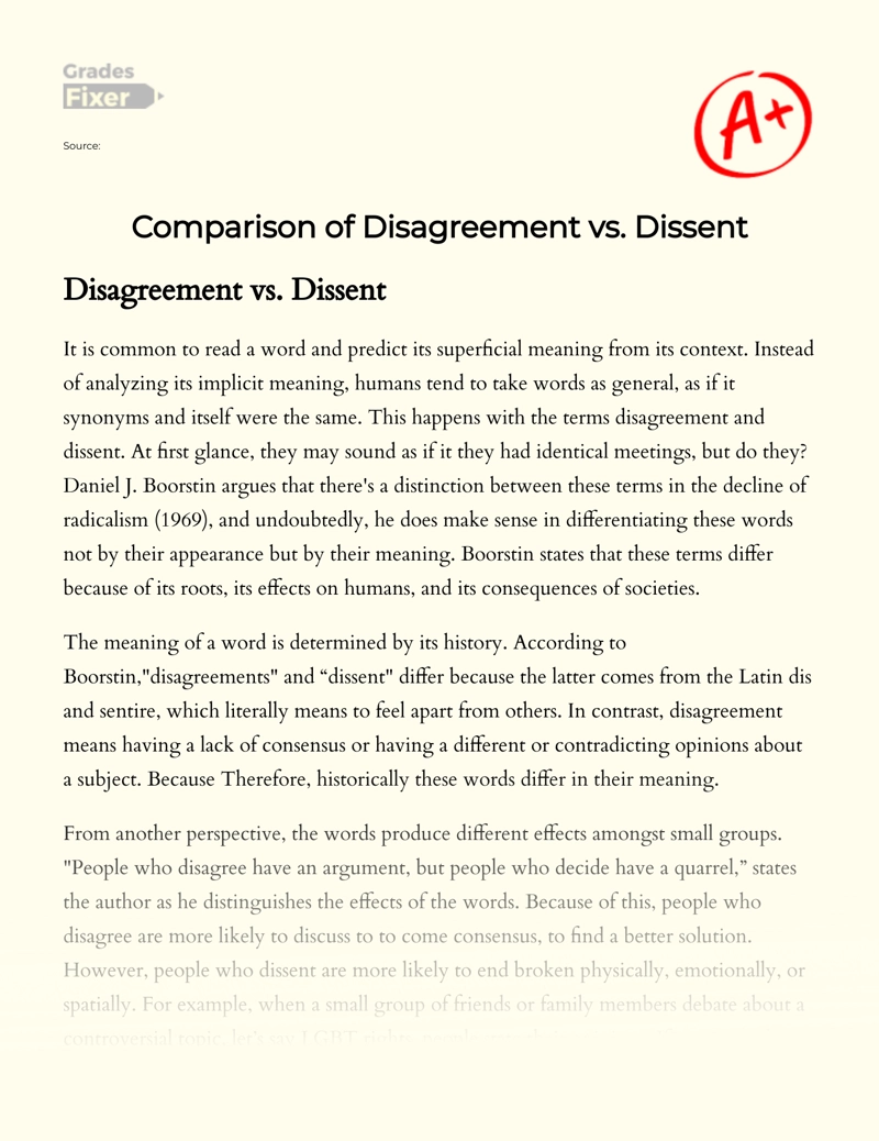 Comparison Dissent Vs Disagreement: Meaning, Consequences and Effects  Essay