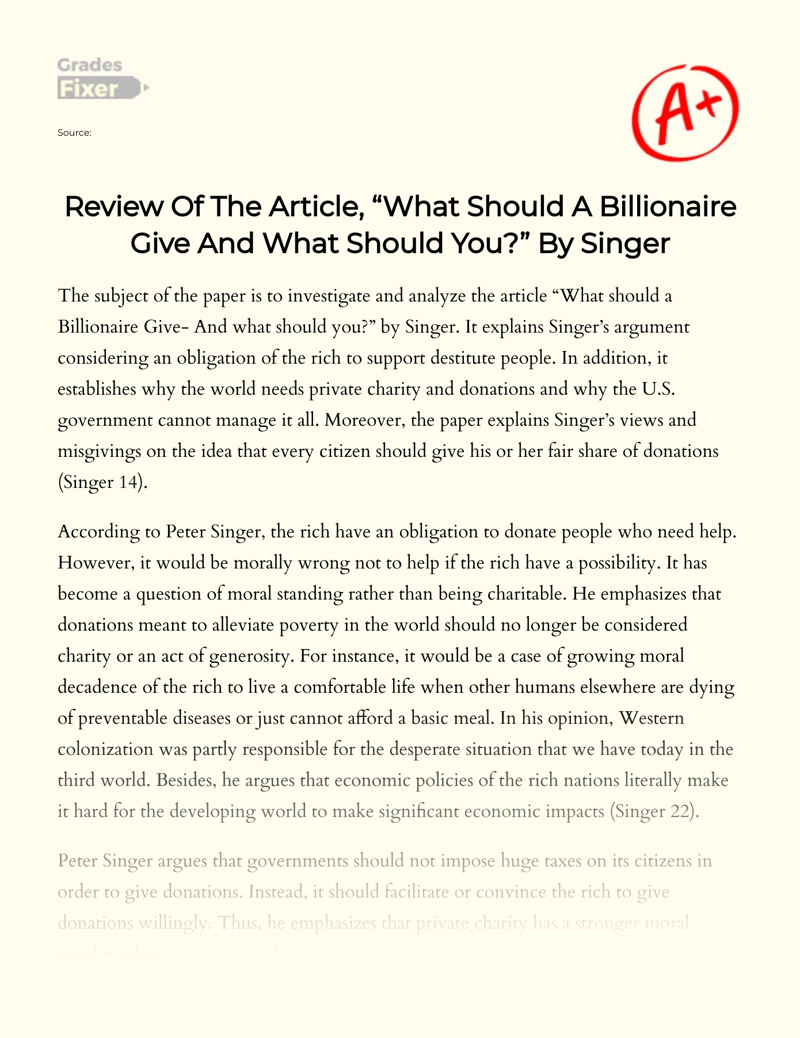 Review of The Article "What Should a Billionaire Give and What Should You" by Singer Essay