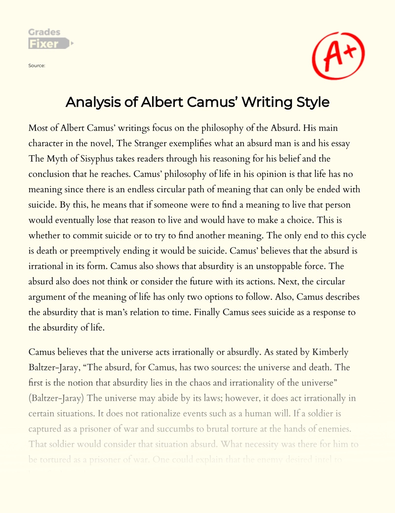 Analysis of Albert Camus’ Writing Style Essay