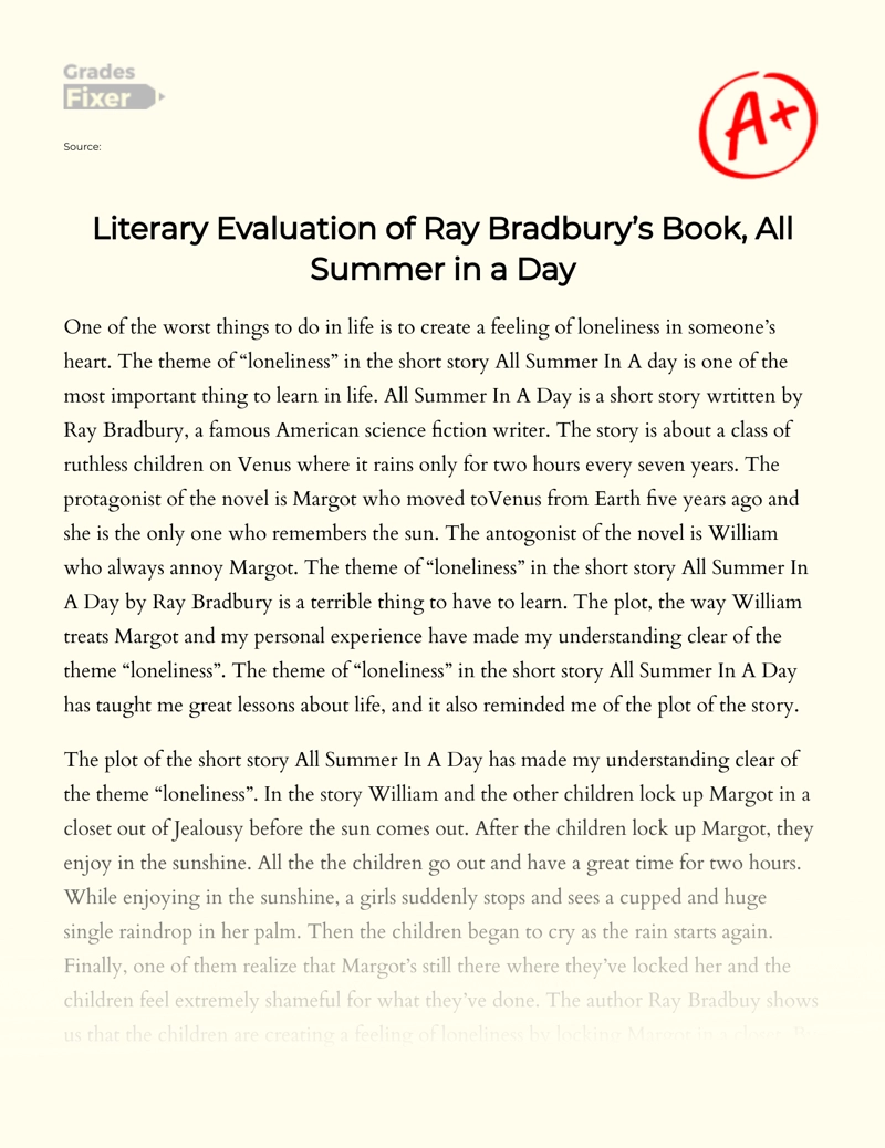 Literary Evaluation of Ray Bradbury’s Book, All Summer in a Day Essay