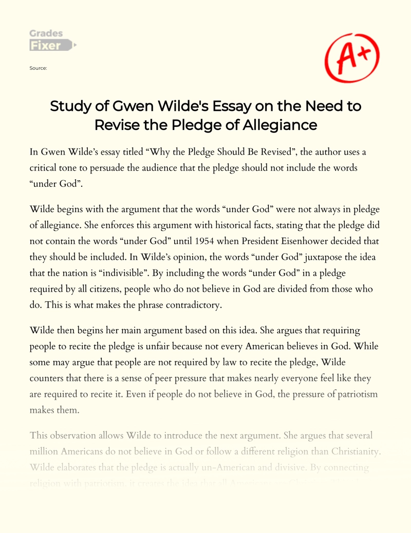 Study of Gwen Wilde's on The Need to Revise The Pledge of Allegiance Essay