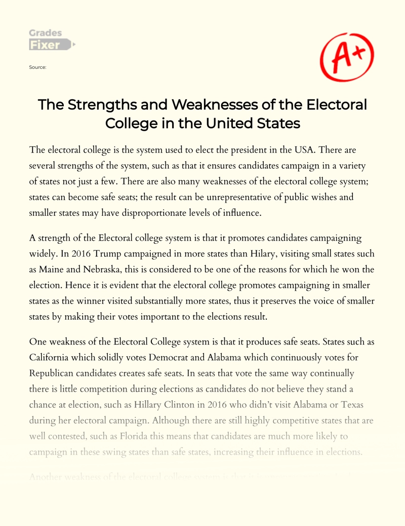 The Strengths and Weaknesses of The Electoral College in The United States Essay