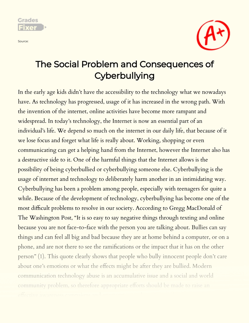 The Social Problem and Consequences of Cyberbullying Essay