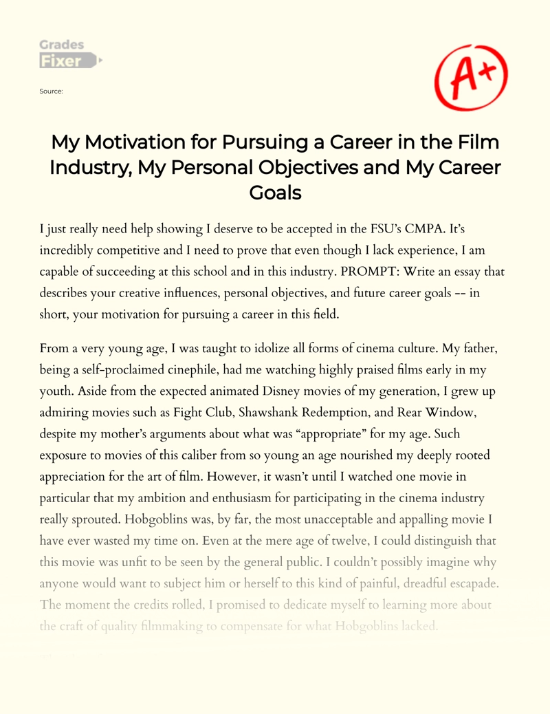 My Motivation for Pursuing a Career in The Film Industry, My Personal Objectives and My Career Goals Essay