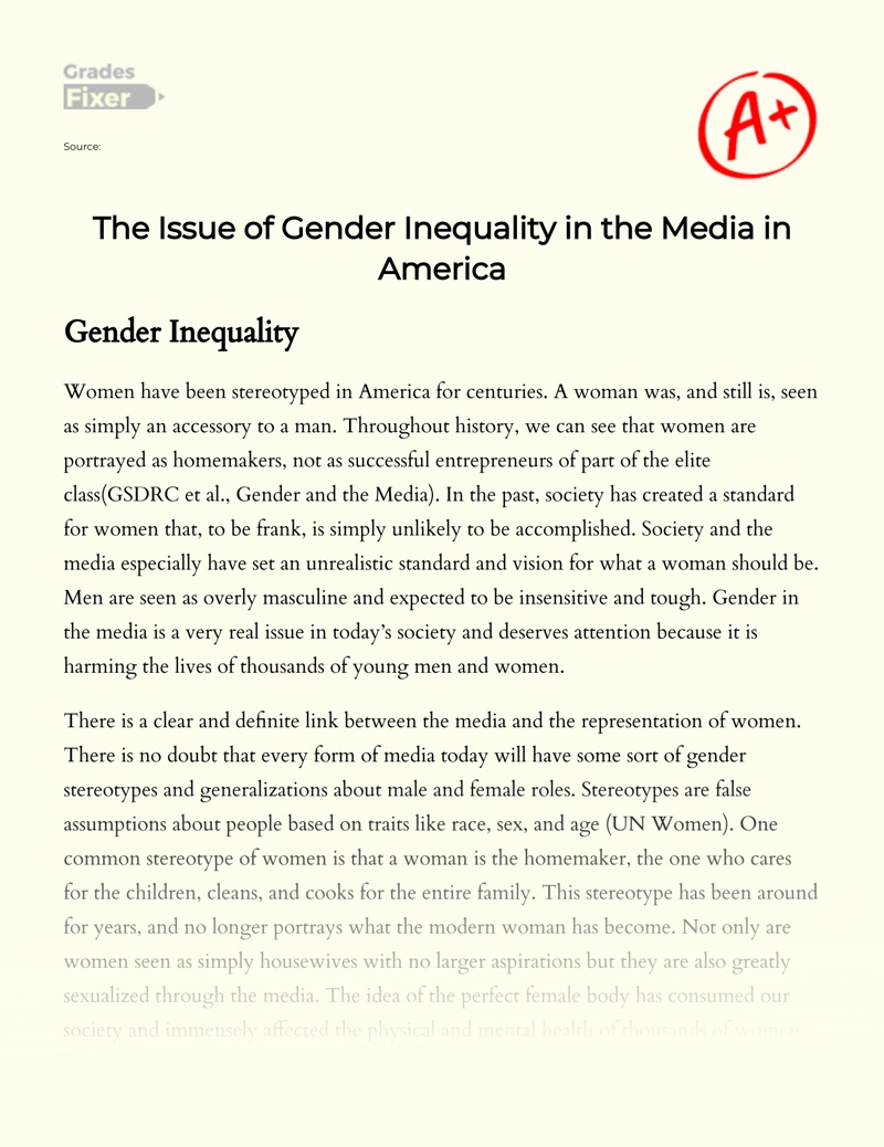 The Issue of Gender Inequality in The Media in America Essay