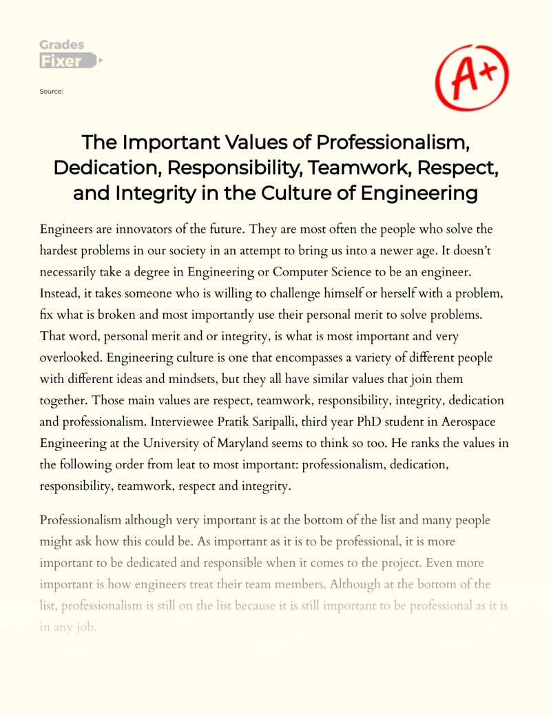 The Important Values of Professionalism, Dedication, Responsibility, Teamwork, Respect, and Integrity in The Culture of Engineering essay