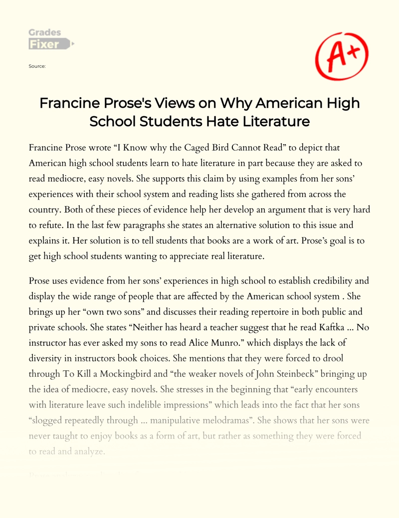 Francine Prose's Views on Why American High School Students Hate Literature Essay