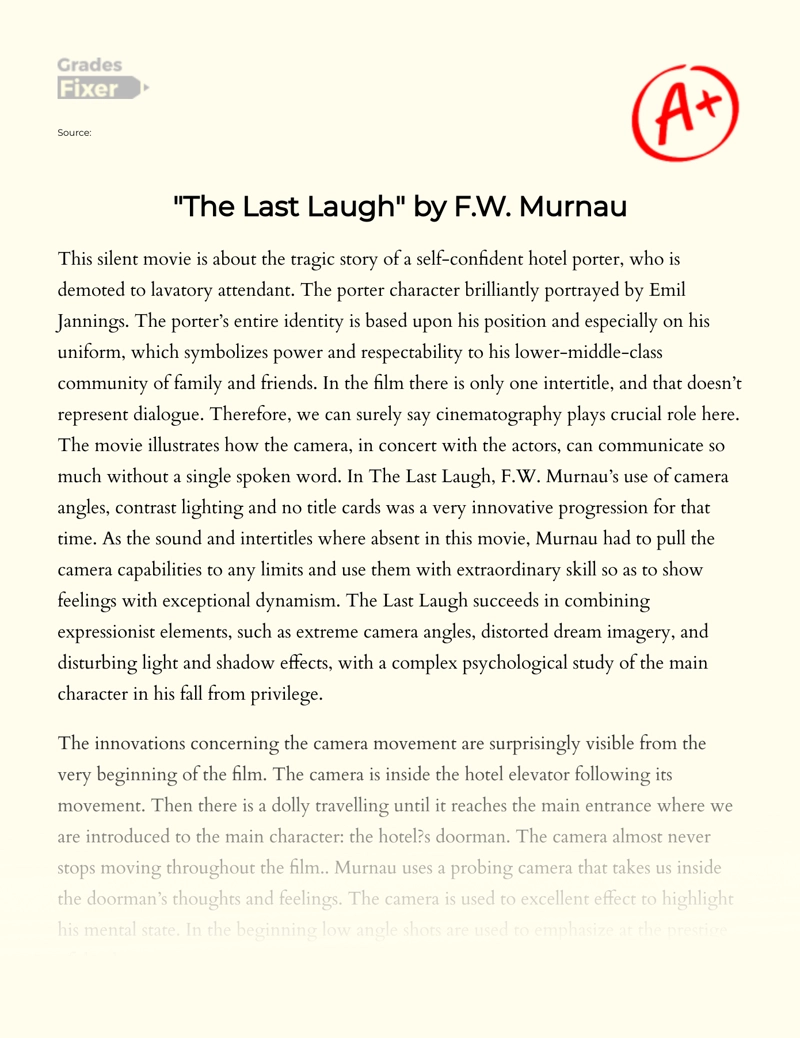 "The Last Laugh" by F.w. Murnau: Movie Review and Film Summary Essay
