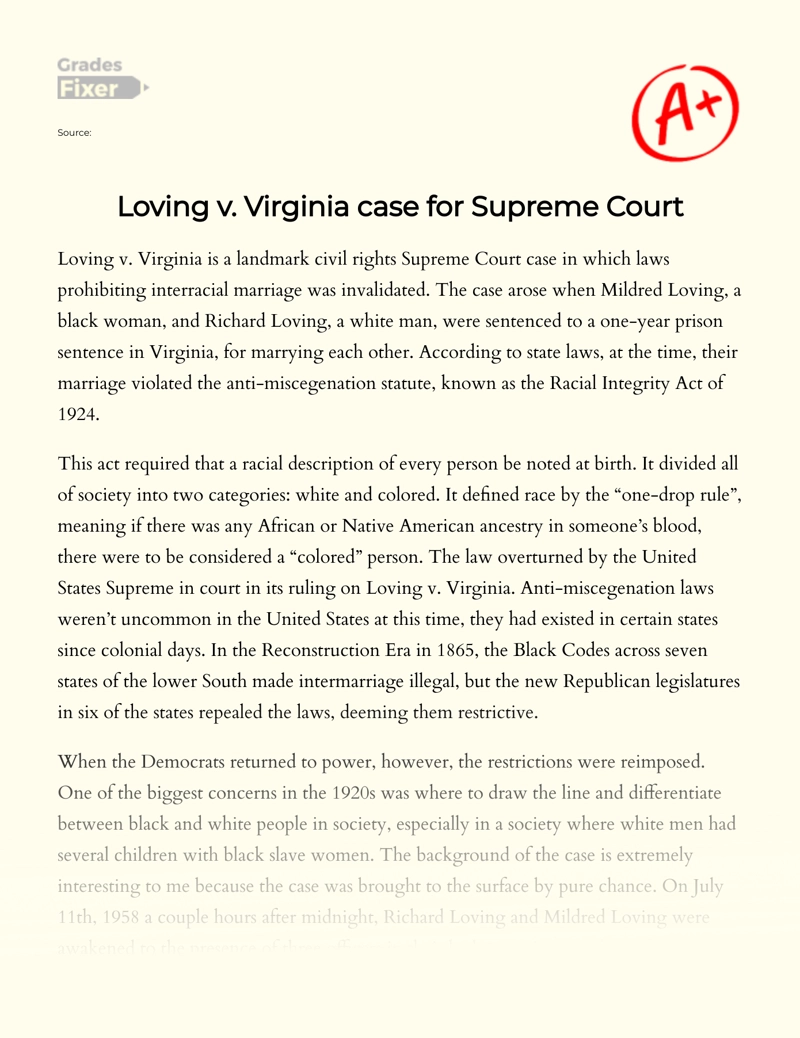 Loving V. Virginia Case for Supreme Court Essay