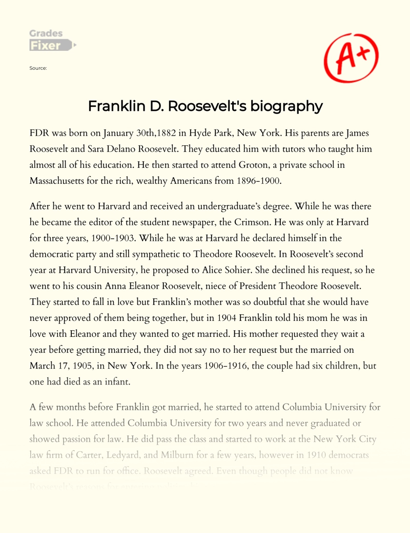 Franklin D. Roosevelt's Biography Essay