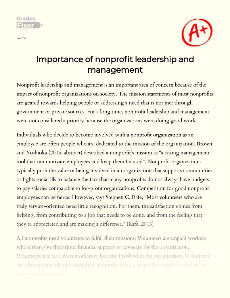 Importance of Nonprofit Leadership and Management Essay