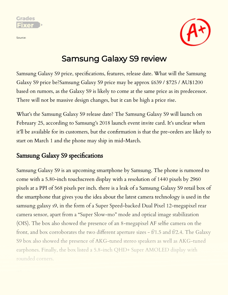 Samsung Galaxy S9 Review essay